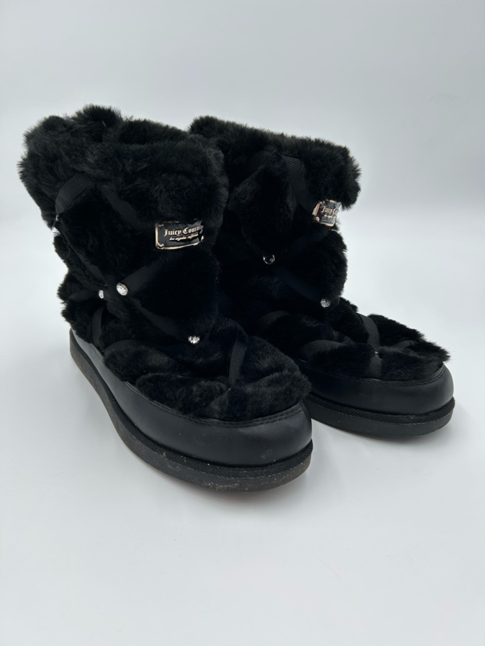 Juicy Couture Black Knockout Faux Fur Crystal Trim Winter Boots 8